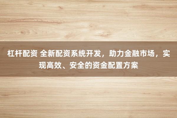 杠杆配资 全新配资系统开发，助力金融市场，实现高效、安全的资金配置方案